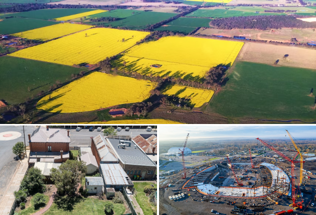 An aerial view of a bright yellow paddock filled with canola.